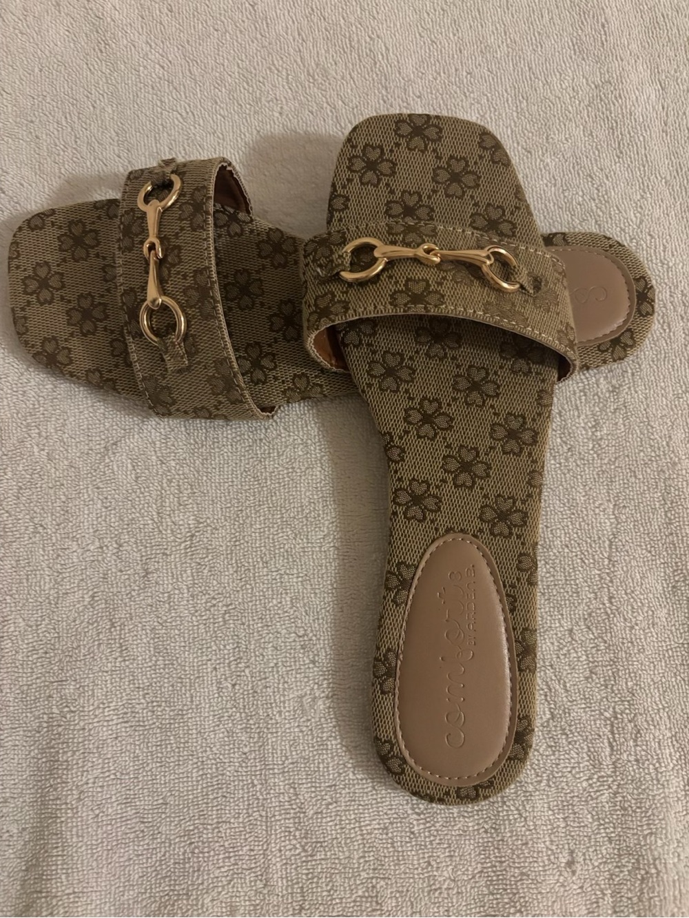 Arden B Tan Floral Monogram Slide Sandals with Gold Hardware